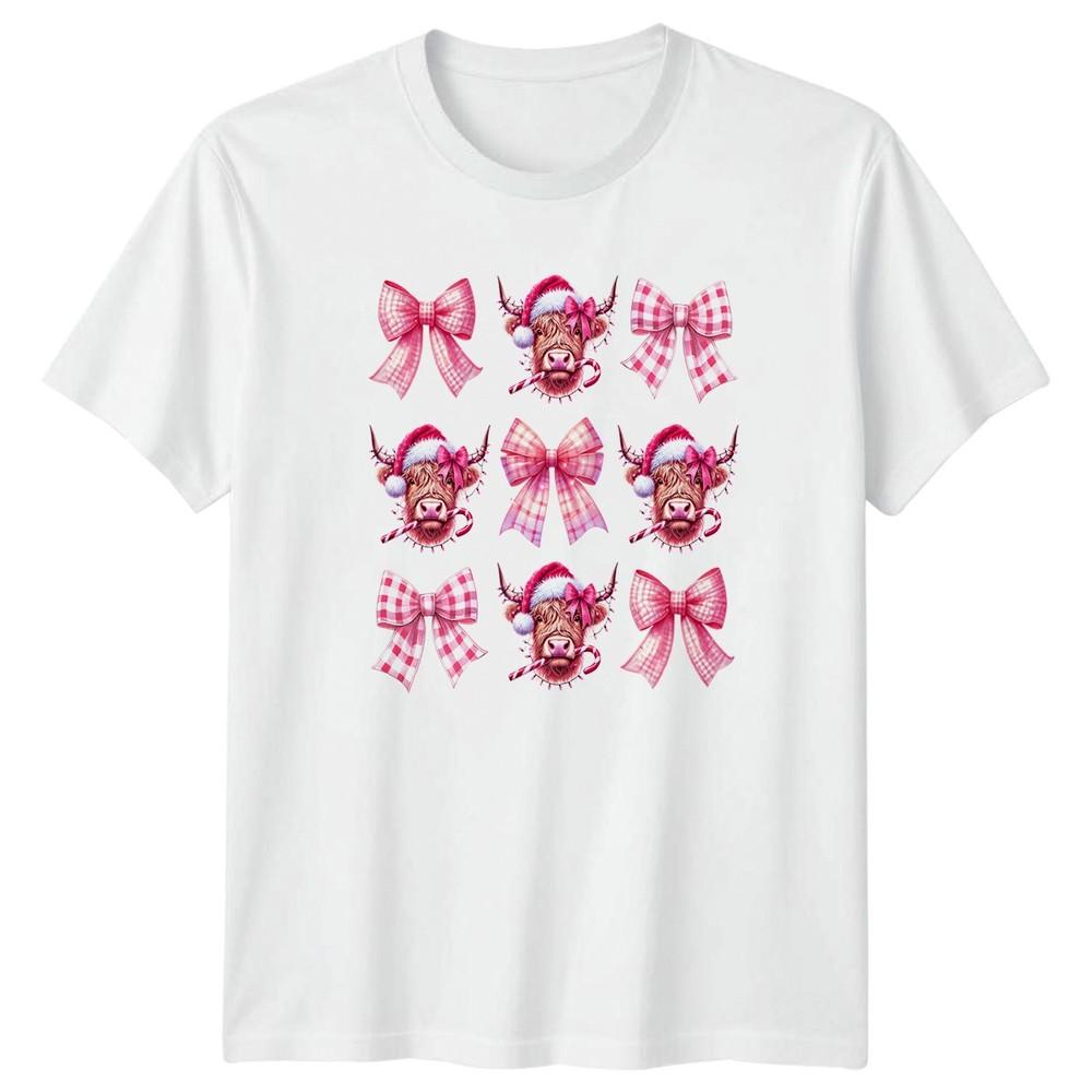 Highland Cow Christmas Santa Hat Candy Cane Holidays Unisex Graphic Tee S