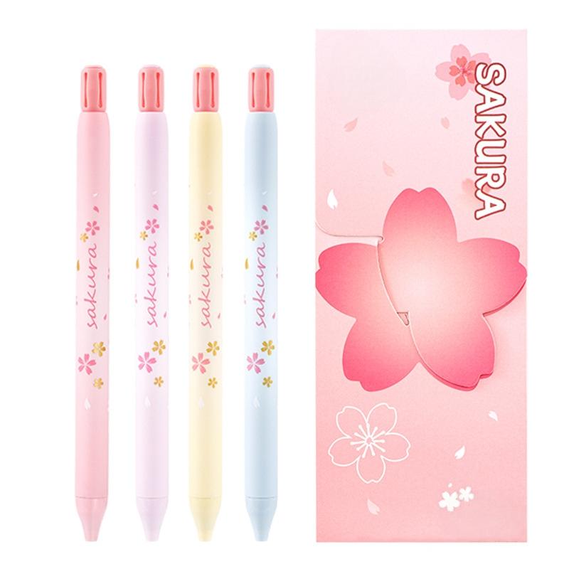4pcs Sakura Gel Ink Pens Set Cherry Blossom Flower Print 0.5mm Ballpoint Black Color Ink Quick Dry Smooth Writing