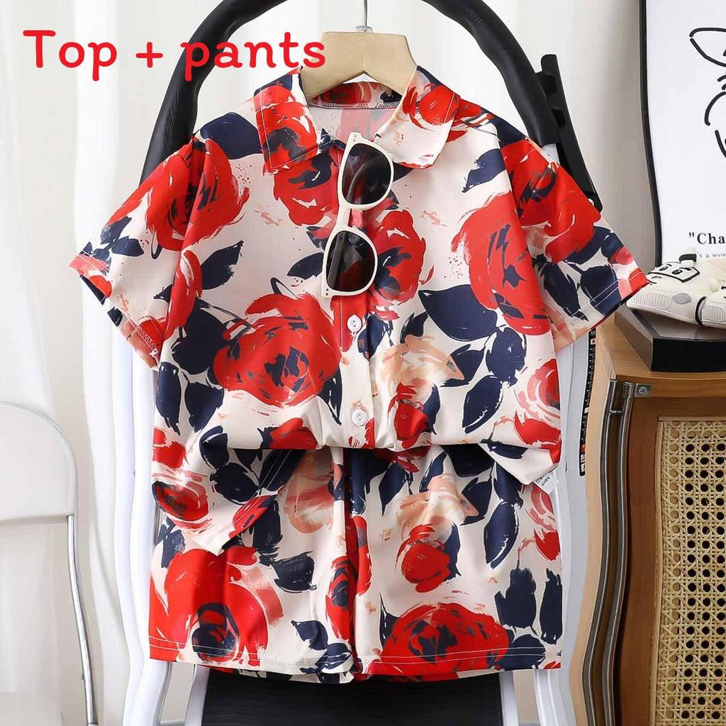 Summer Kids Cotton Blend Floral Shirt Shorts Set For Boys And Girls