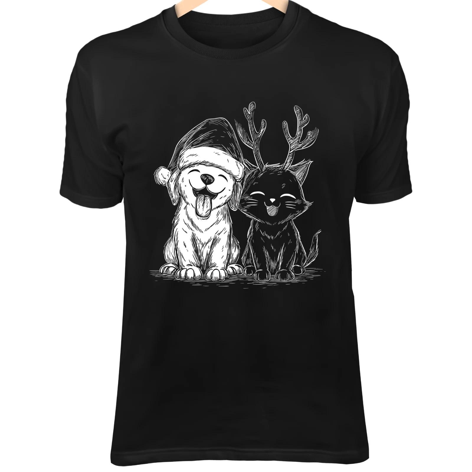 

Christmas Dog & Cat Line Art - Cute Minimalist Cartoon with Santa Hat & Reindeer S