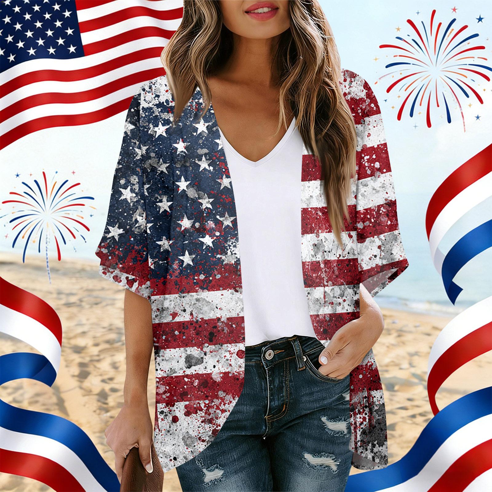 Women s Independence Day Print Cardigan, Loose-Fit Tunic, Casual Shirt XL