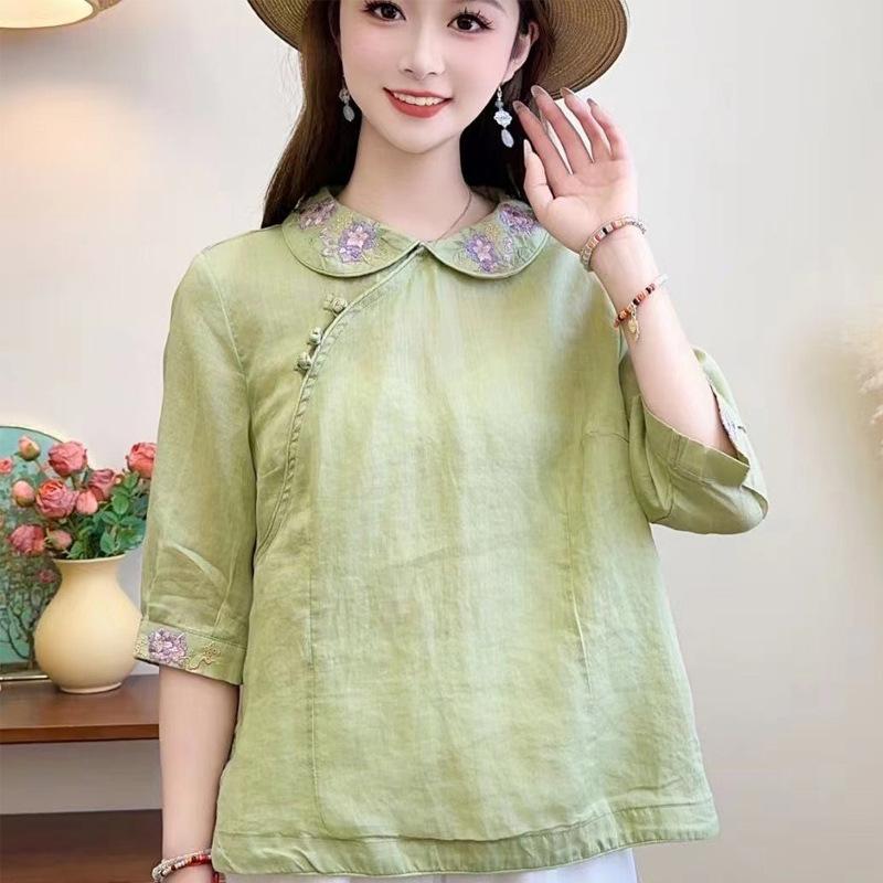 

Women s Summer 2024 Chinese Retro Embroidered Cotton Linen Shirt XXL (130-145 jin)