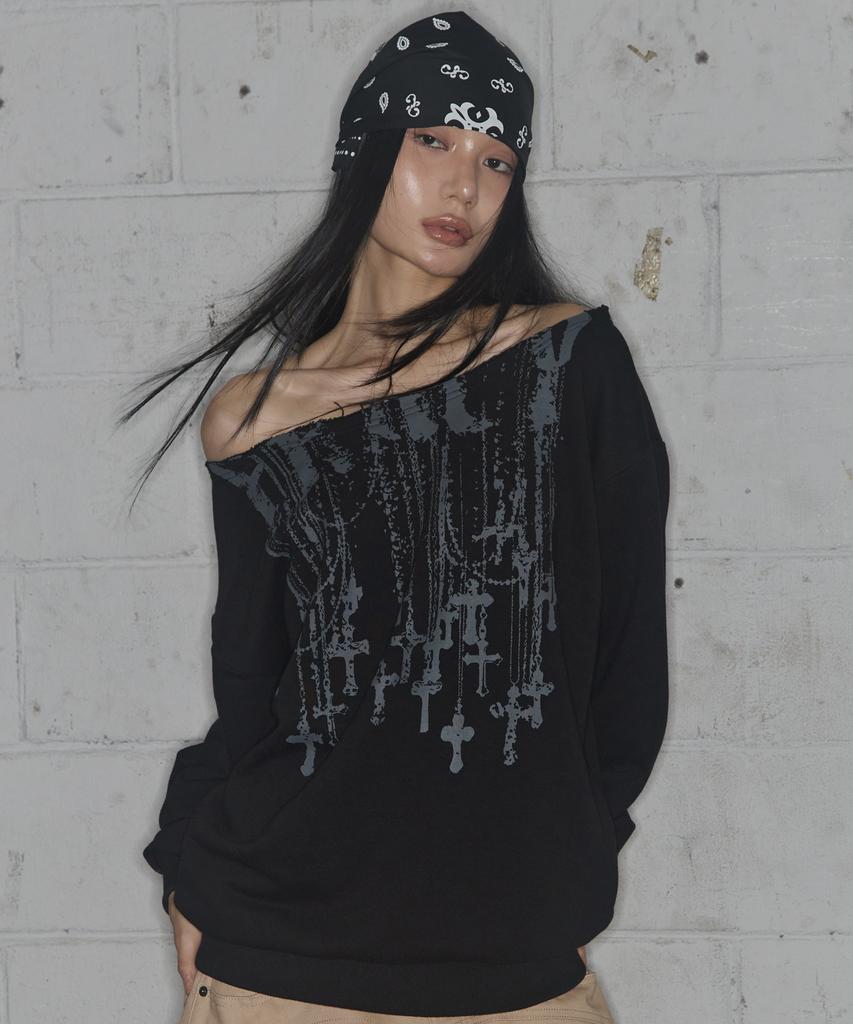 FANCY CLUB Necklace One-Shoulder Sweatshirt (Black) F25Zb037