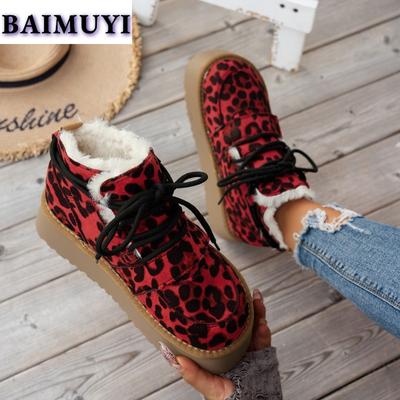 Leopard Dame Plattform Flats Snø Ankelstøvletter Semsket Varm Sko Vinter 2025 Nye Kort Plysj Chelsea Boots Casual Sport Ankelstøvletter