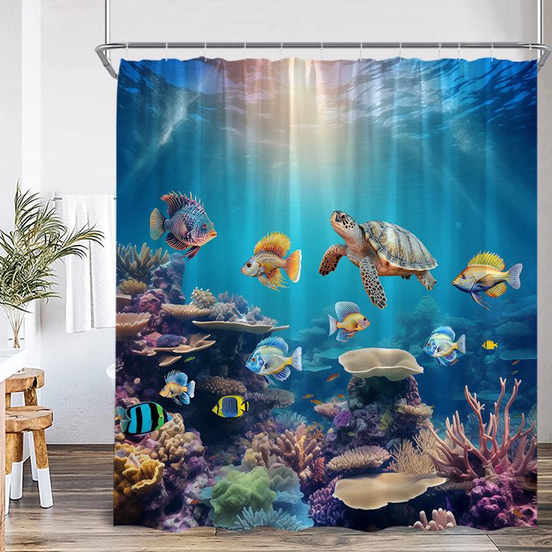 Ocean Dolphin Sea Turtle Shower Curtains Rainbow Waterfall Flowers Octopus Tropical Fish Seabed Scenery Bathroom Curtain Decor