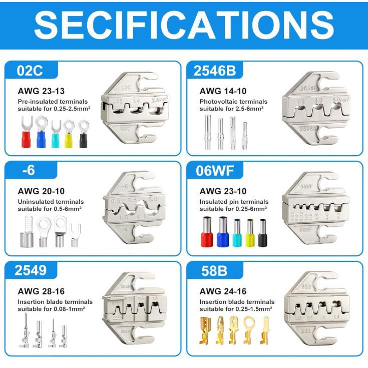SN Series 7.5-inch Ratcheting Crimping Pliers Set - Multifunctional Cold Terminal Pliers and Mold Accessories.