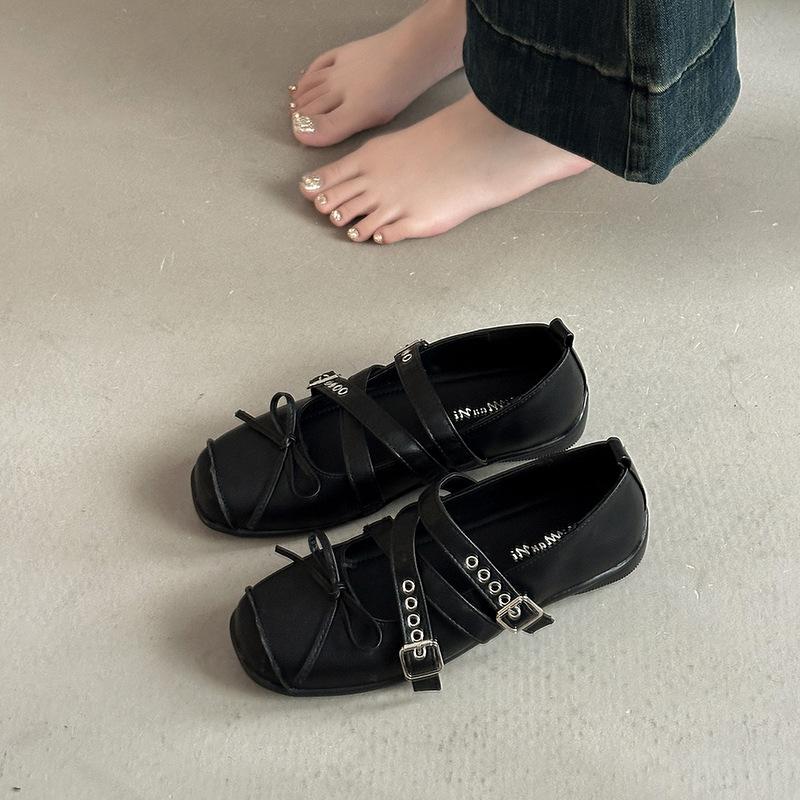 Fashion Versatile Ballet Shoes French Retro Single Shoes Design Sense Square Head Cross Buckle Mary Jane Shoes Women's Summer