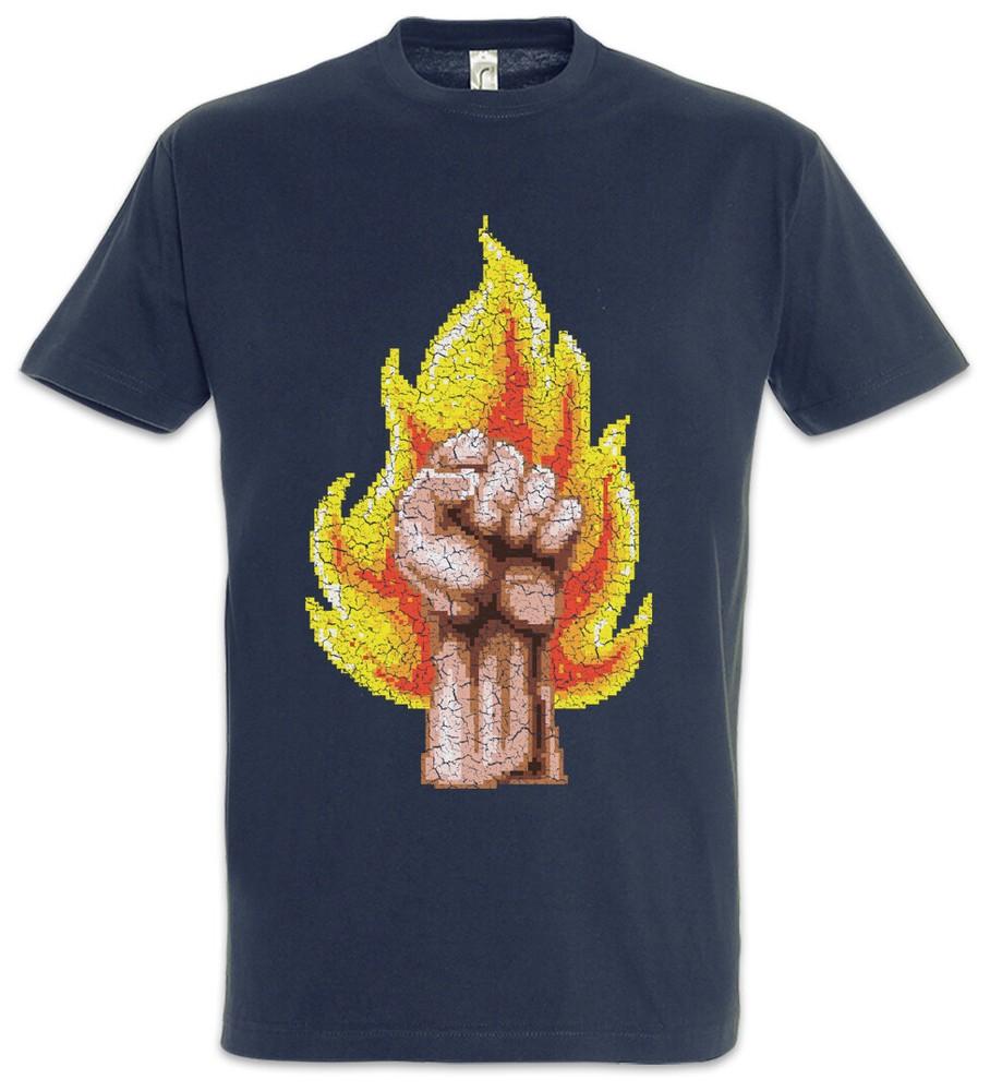 Pixel Fire Fist T-Shirt Raised Gamer Gaming Retro Arcade Geek Nerd Revolution