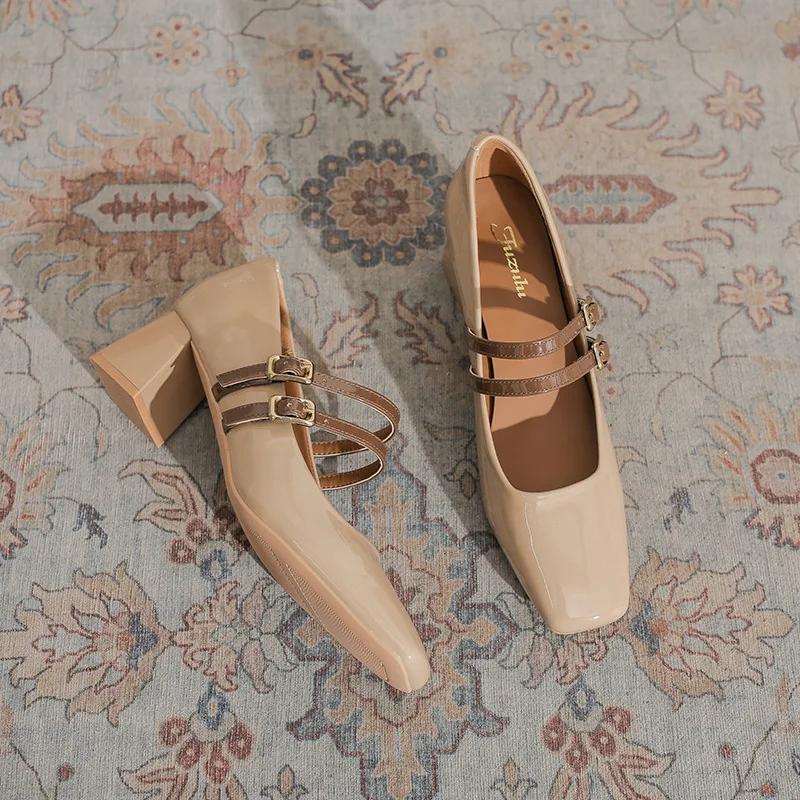 Fashion 2025 Women Heels Shoes Spring Double Buckle Square Toe Mary Jane Shoes Autumn Woman Patent Leather Thick High Heels Dress Shoes