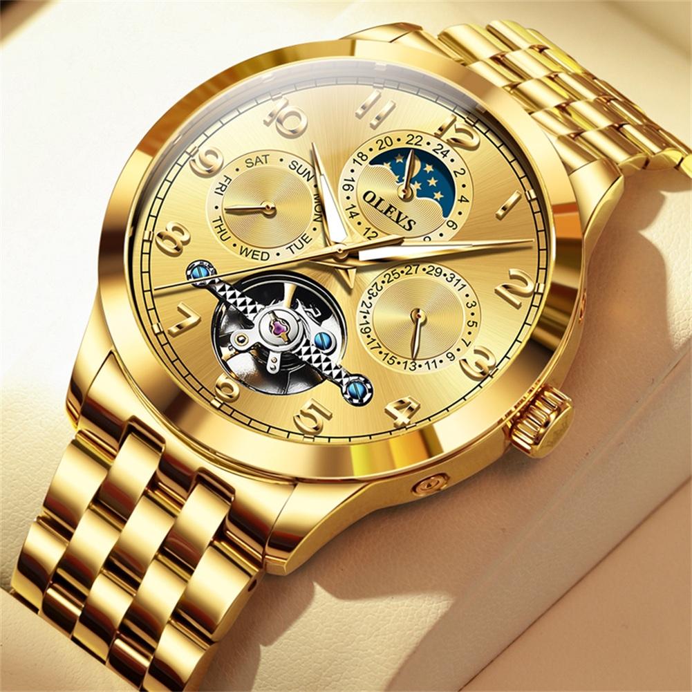 OLEVS ALL Gold Steel High Quality Tourbillon Men's Watches Luminous Moon Phase Automatic Mechanical Wrist Watch Men
