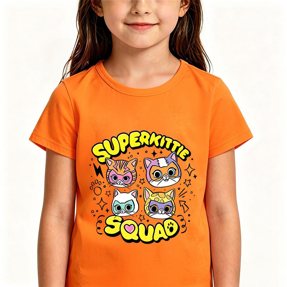 Children's Cotton T-shirts SuperKitties Cartoon Print Kids Short Sleeve Cute Boys Girls 2-12Y Tees Casual Crew Neck Tops Summer