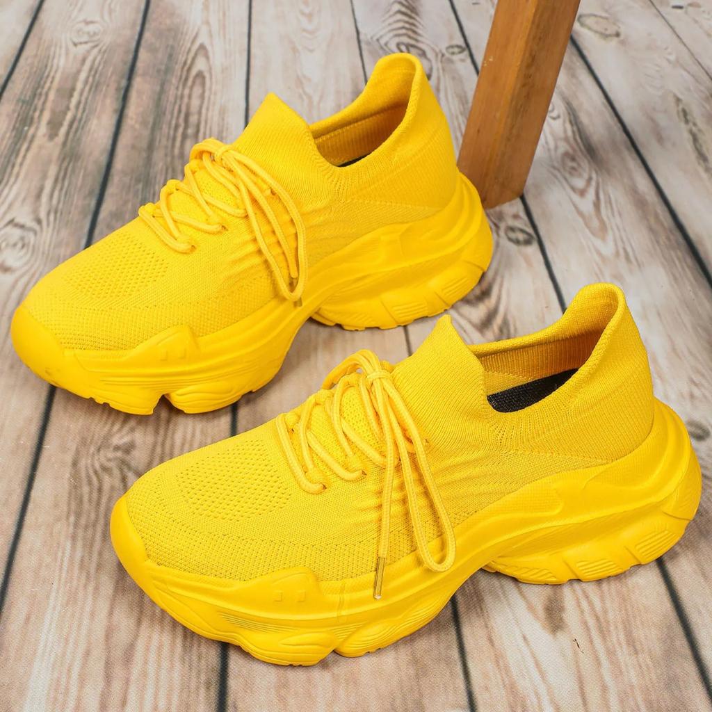 Unisex Chunky Sneakers Breathable Knitted Yellow Platform Running Shoes Lightweight Casual Sports Footwear for Jogging Training