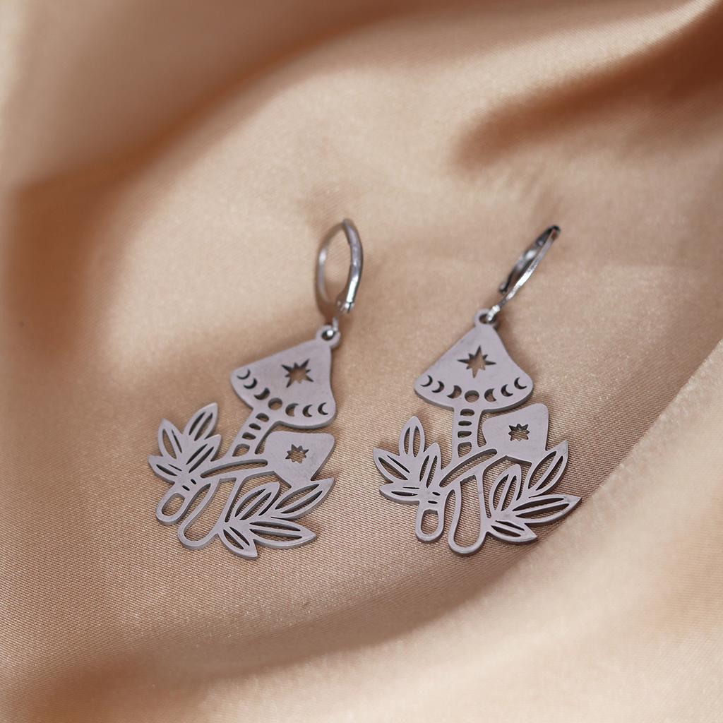 Kinitial Stainless Steel Death Moth Sun Moon Snake Mushroom Cactus Hamsa Hand Horse Earrings For Women Trendy Piercing Jewelry