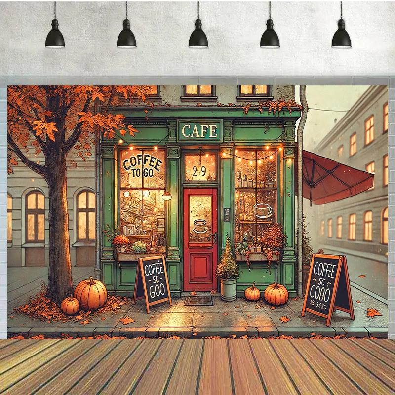 Plan 2D, 1 pièce d'arrière-plan projecteur café d'automne, table à gâteaux studio décoration de fête, événement de célébration en plein air