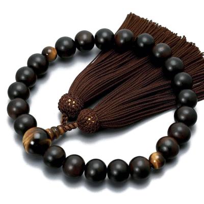 Men's Kyoto Buddhist Prayer Beads, Matte Striped Ebony, 22 Beads, Tiger's Eye Stone, and Silk Tassel, Dark Brown. Suitable for All Sects. Perfect for