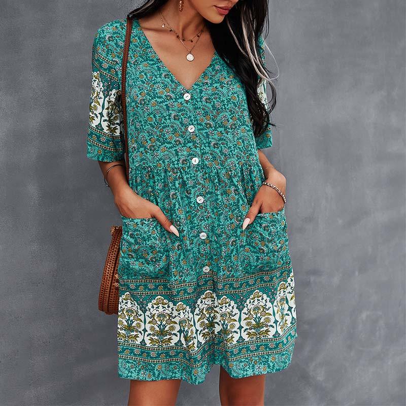 Damen Böhmisches Kleid Sommer V-Ausschnitt Kurzarm Geblümt Bedruckt Knopfleiste Lässige Kleider Mit Taschen Weiß