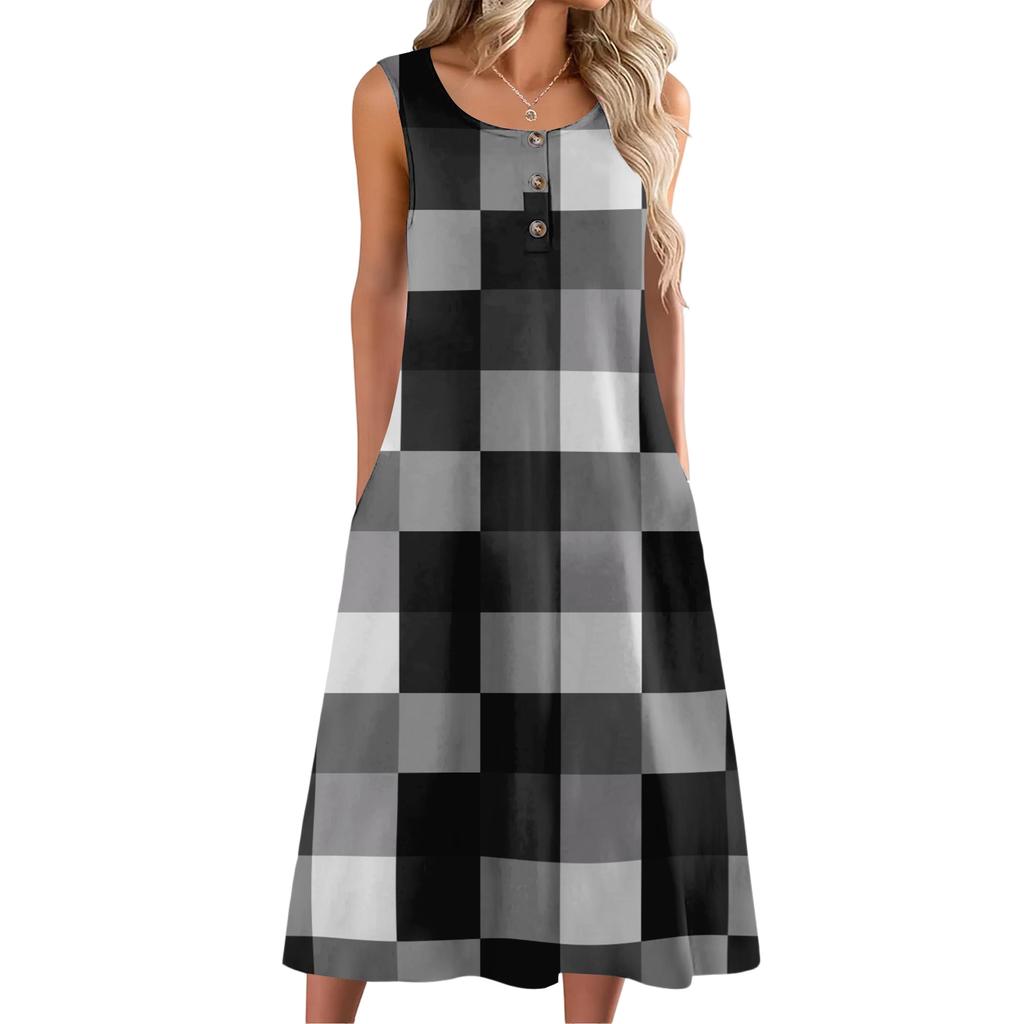 Women's fashion casual sleeveless button plaid print dress with pocket