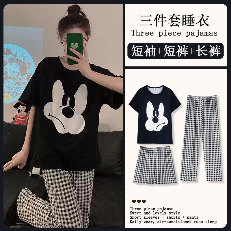 Year's three-piece pajamas women's summer new fine imitation cotton round neck short-sleeved high-end loungewear set spring and autumn