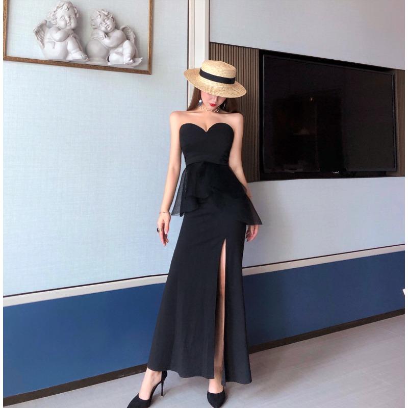 

Elegant celebrity sexy evening dress light ripe tube top car model black dress high split splicing long dress lady L чорний