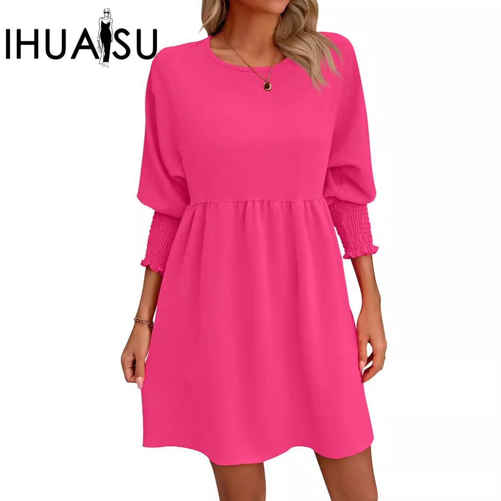 IHUASU Summer Solid Color Print Ladies Sweet Loose 1/2 Sleeves O-Neck Batsleeve Dress