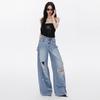 Platinum Sequin Ripped High Waist Plus Size Relaxed Straight Trendy Denim Pants Spring Summer Casual Pants Oversize Denim Trousers