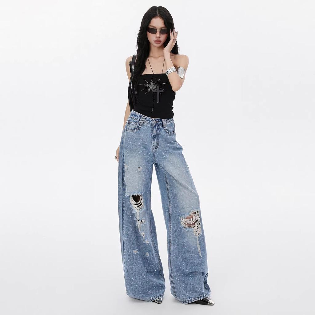 Platinum Sequin Ripped High Waist Plus Size Relaxed Straight Trendy Denim Pants Spring Summer Casual Pants Oversize Denim Trousers
