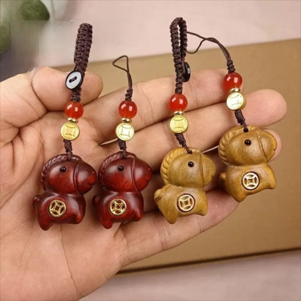 Tierkreiszeichen Pferd Schlüsselanhänger Sandelholz Chinesischer Stil Schlüsselring Niedlich Holz Handykette Unisex