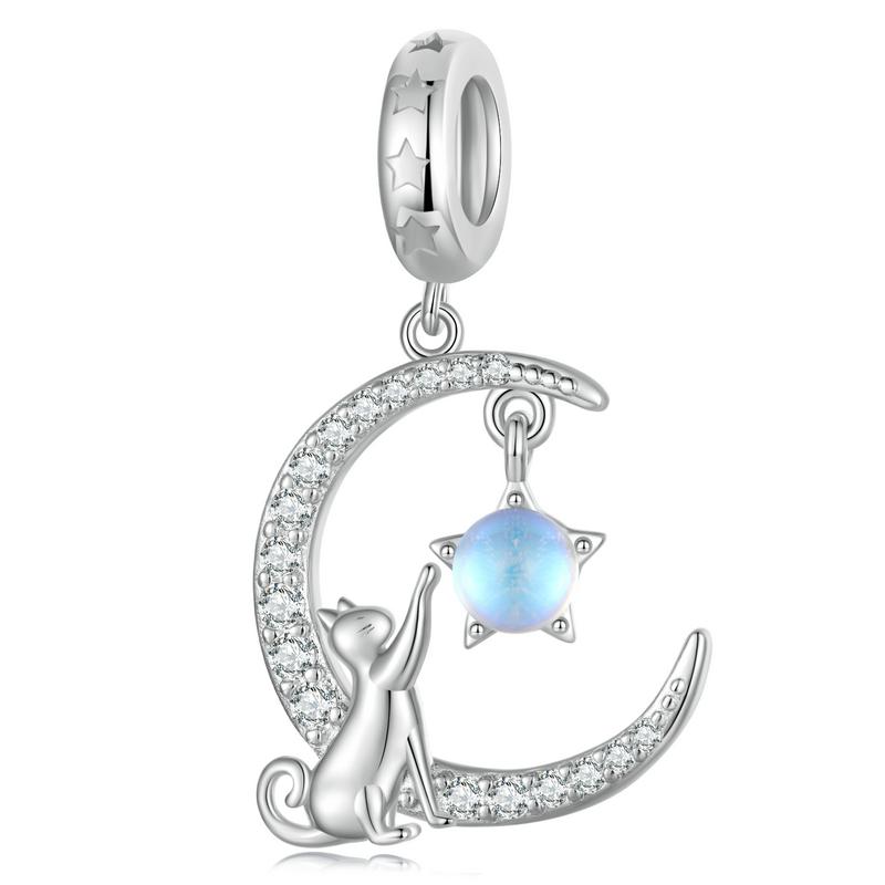 WOSTU 925 Silver Moonstone Charms Heart Beads Astronaut Moon Pendant Fit Bracelet DIY Necklace Jewelry Making