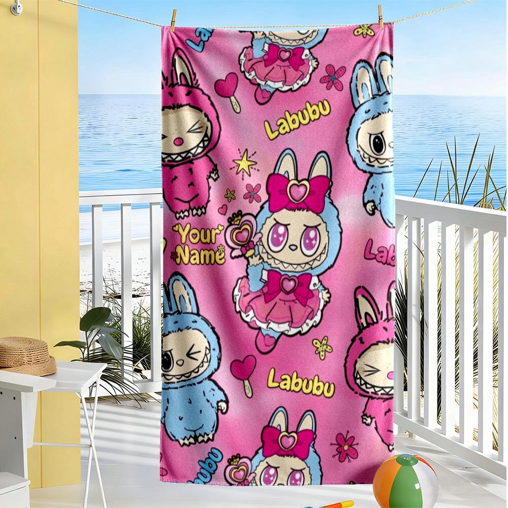 Labubu Customizable Name Beach Towel Quick-Dry Soft Microfiber Ideal for Travel Outdoor Swim Pool Yoga Surf Camping Hiking Gym Gift Holiday