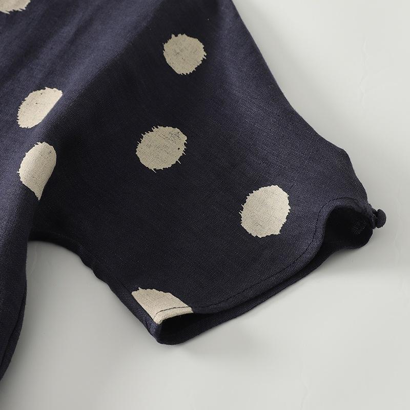 2025 Spring and Summer New Printed Polka Dot Cotton and Linen Dress Women's Loose and Thin Round Neck Short-sleeved Casual Long Dress