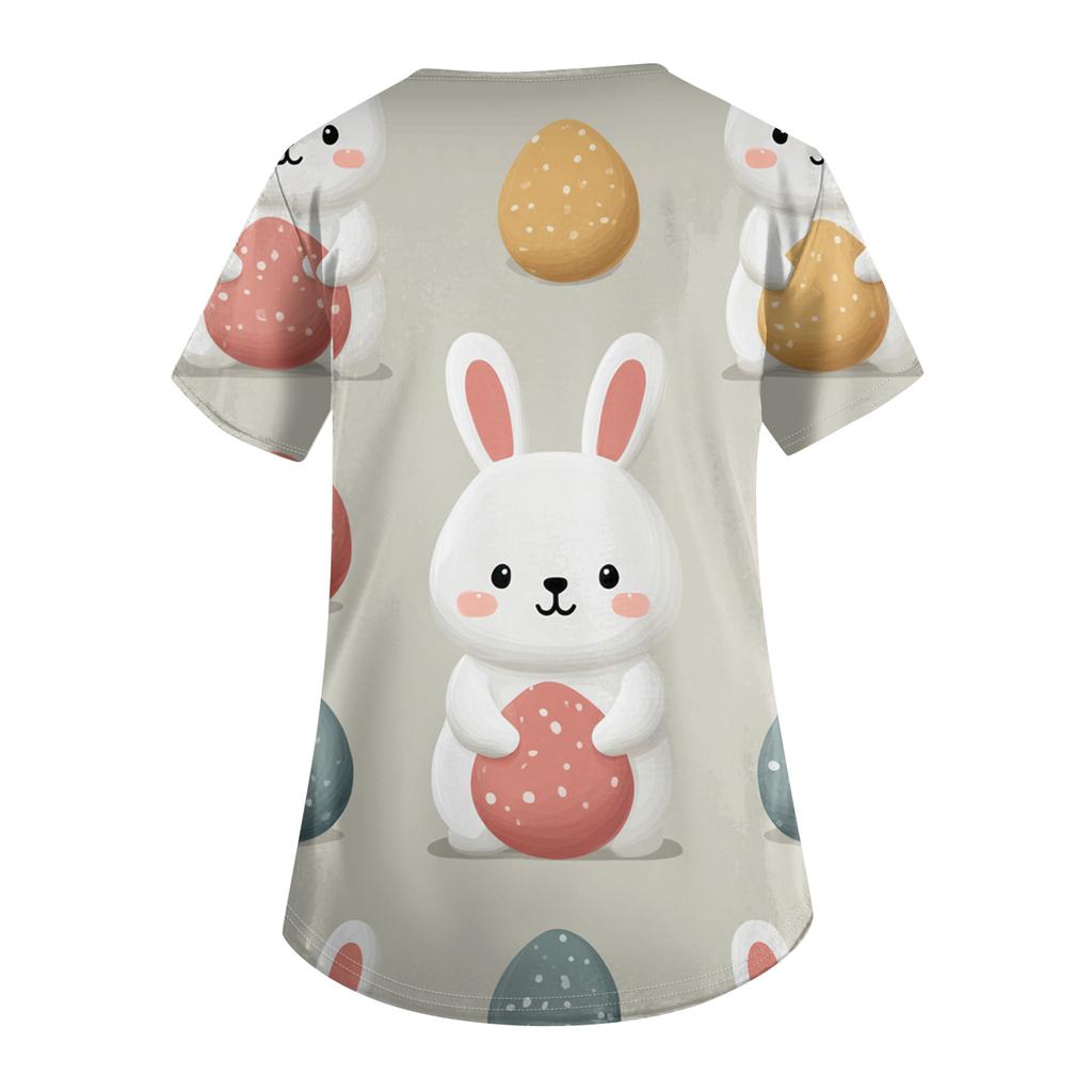 Women's Fashion V-Neck Short-Sleeved Workwear With Pockets Easter Print Top Caregiver Uniform