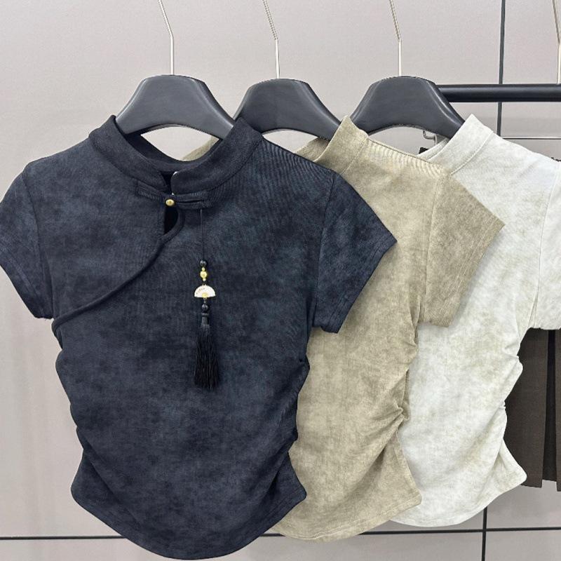 Tricou de vară pentru femei Qianyu cu mânecă scurtă și nasturi chinezești