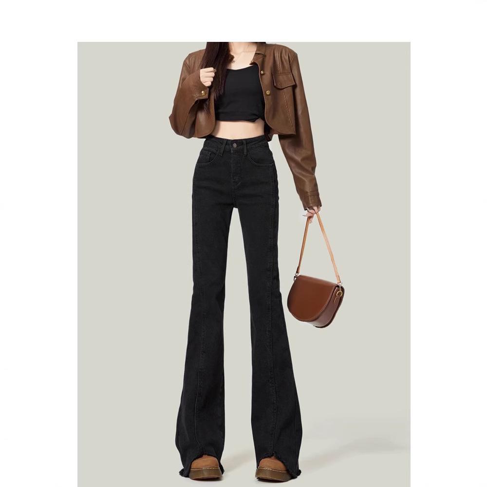 Women's Black High-Waisted Micro-Flare Jeans - 2024 Autumn/Winter Slimming Bell Bottom Pants