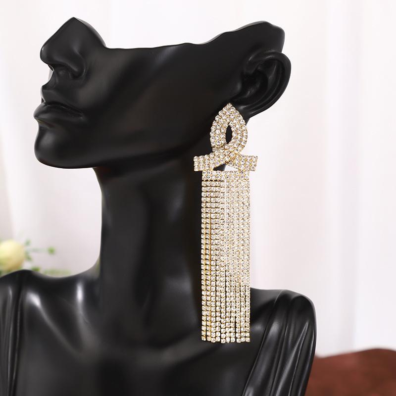 Elegant European & American Full Diamond Tassel Earrings with Small Niche Chain Design for Women