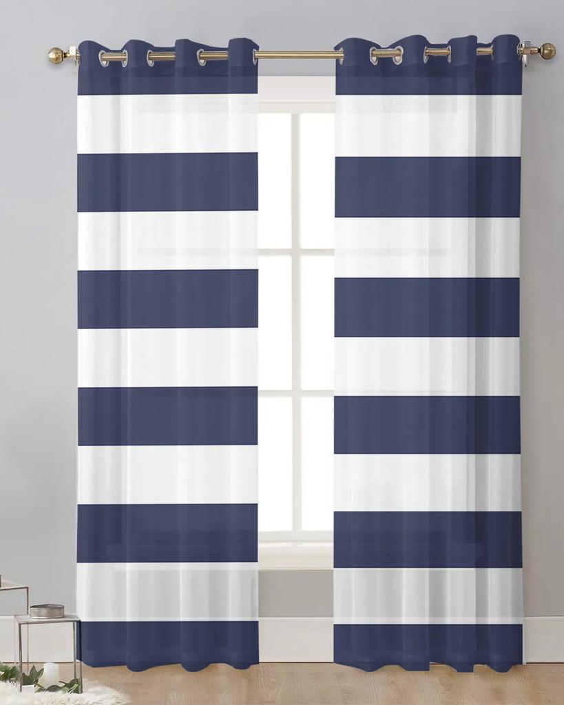 Navy Blue White Stripes Tulle Curtains For Living Room Bedroom Kitchen Decoration Chiffon Window Treatments Voile Sheer Curtain