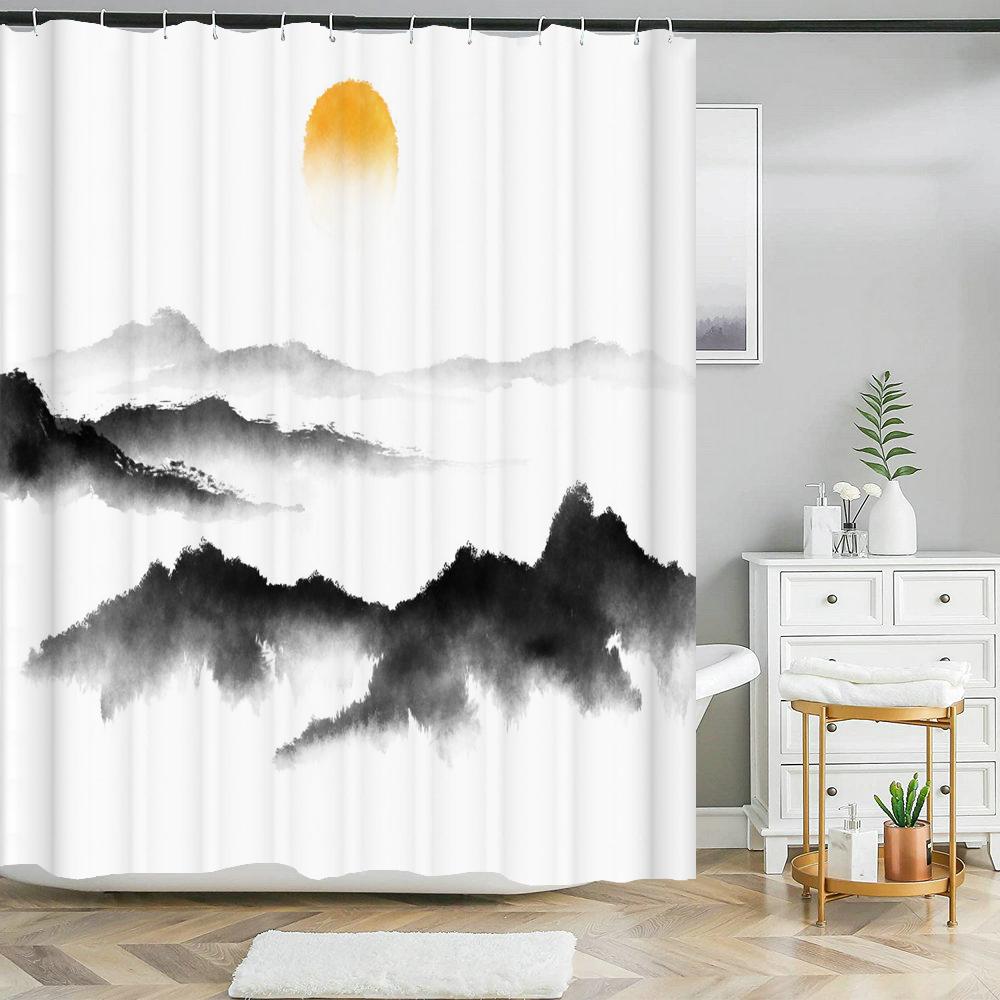 Chiński styl tuszu krajobrazowy zasłona prysznicowa malowniczy wzór Wodoodporna tkanina zasłona łazienkowa zmywalna Zasłony łazienkowe Wielorozmiarowe