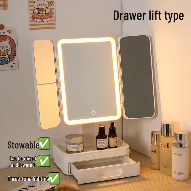 Oeny Rechargeable Three-Sided Folding Makeup Mirror with Storage