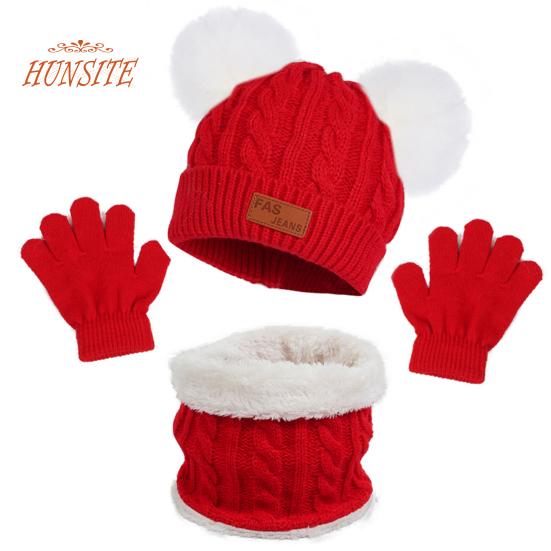 

3 шт./компл., зимняя детская шапочка, комплект перчаток с шейным платком, плюшевый декор в виде шариков, вязаная шапка, утолщенный шарф, комплект однотонных перчаток красный