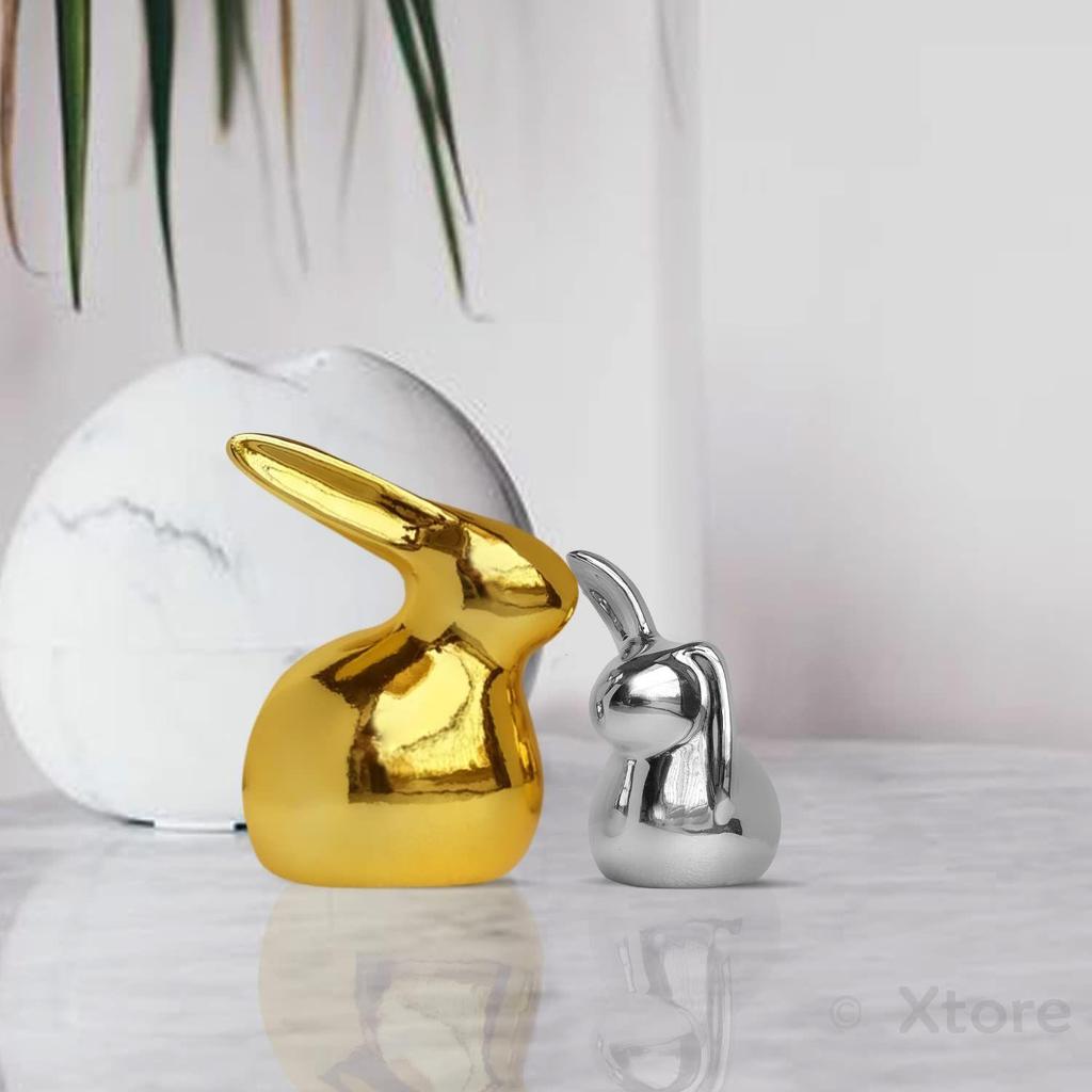 Home Décor Ceramic Cute Golden & Silver Rabbit Figurines (Set of 2, Golden and Silver)