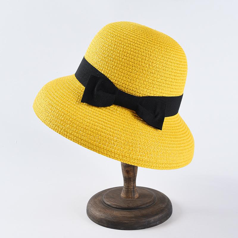 Hepburn Bow Ribbon Sun Hat Women'S Straw Hat Bucket Hat Color Sunscreen Sun Hat Beach Hat