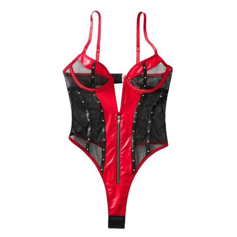 Sexy Sheer Mesh Spliced Pu Leather Slim Rivet Shaping Bodysuit For Women