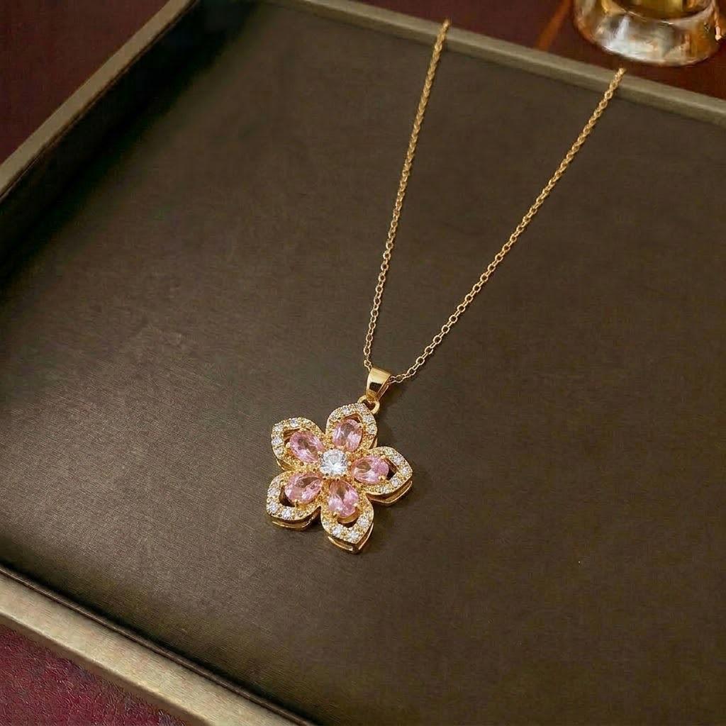 Bauhinia Zircon Flower Necklace for Women - European & American Style, 360° Rotatable Five-Petal Design