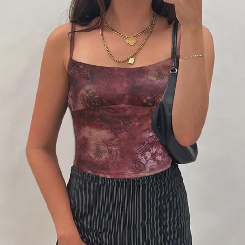 American Street Retro Print Mesh Crop Top Waist-High Vest