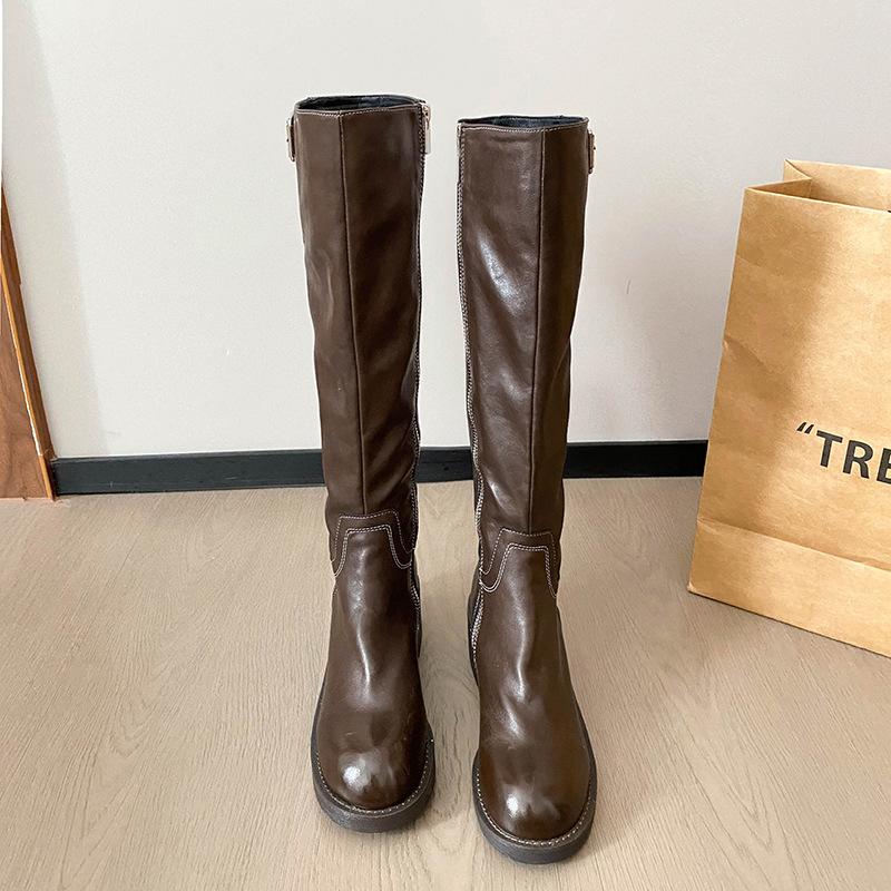 Cowhide version~ retro thick-soled knight grape mother, the same high-heeled pleated soft leather round head high tube widened long boots for women