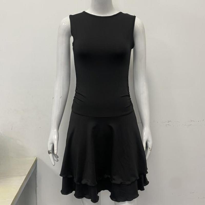 

Европейский и американский летний темперамент однотонное базовое приталенное платье с плиссированной двухслойной кромкой XL чёрный