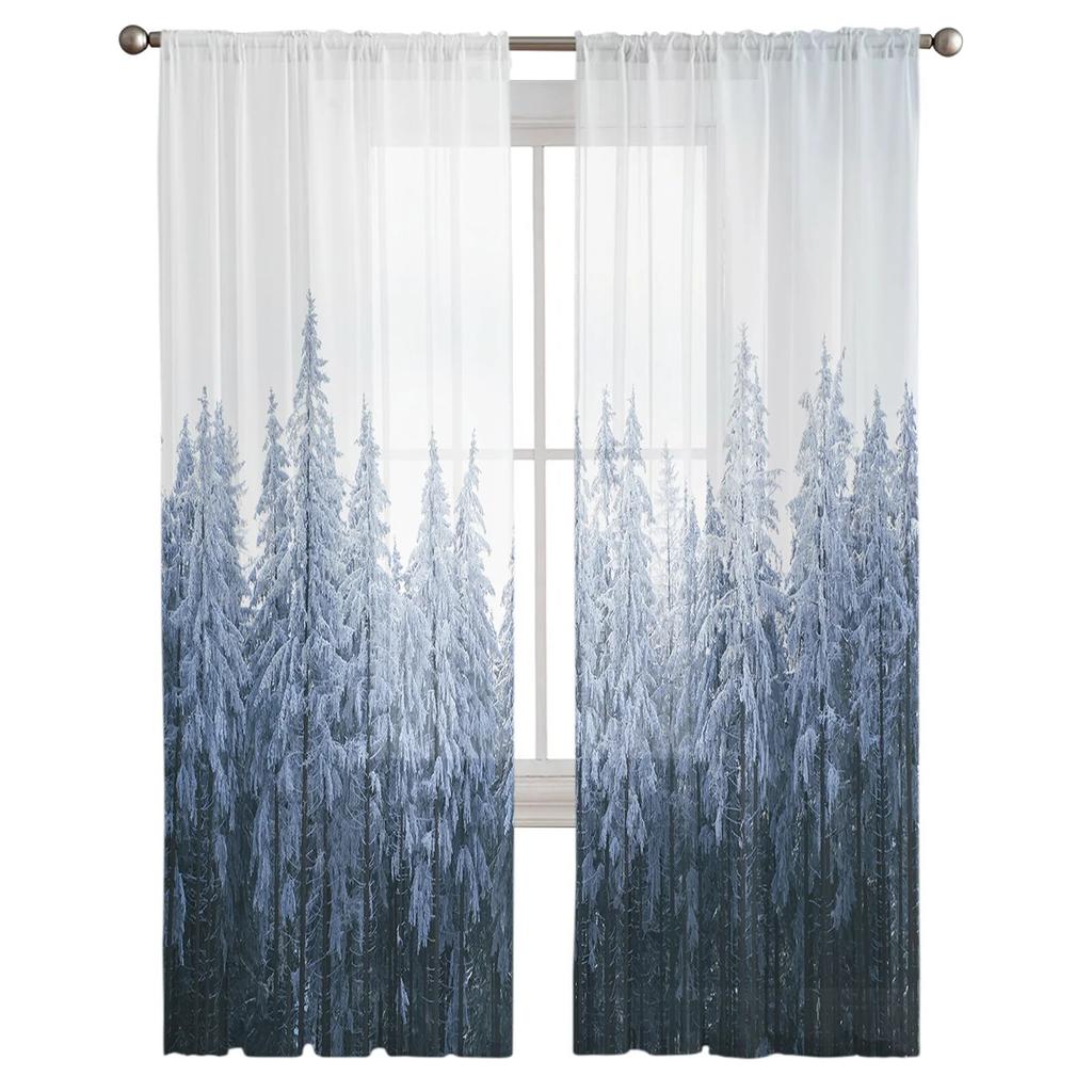 Pine Forest Gradient Snowflake Sheer Curtain for Living Room Hall Wall Dress Up Home Window Supplies Pop Print Tulle Curtains