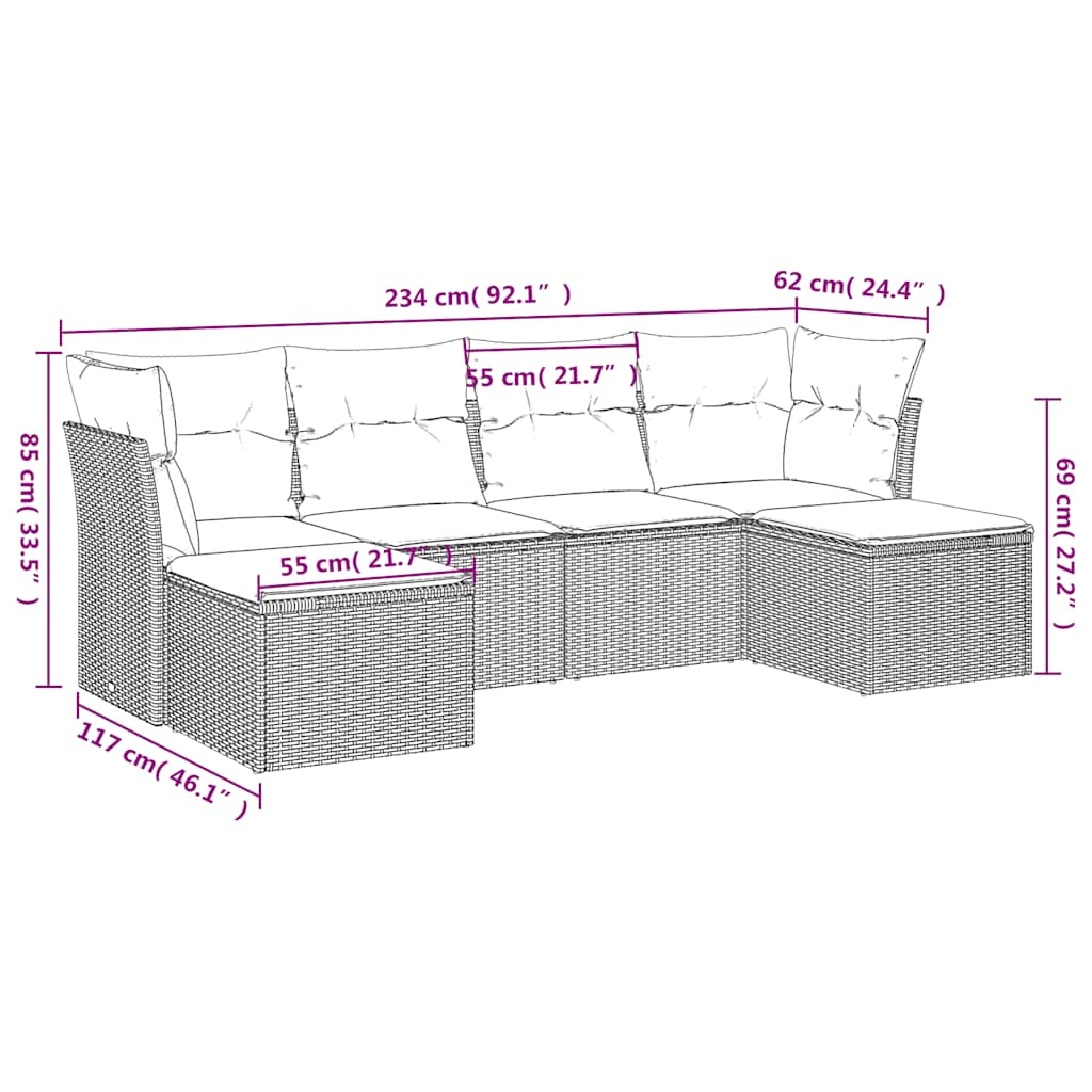 6 Piece Brown Garden Sofa Set with Cushions Poly Rattan