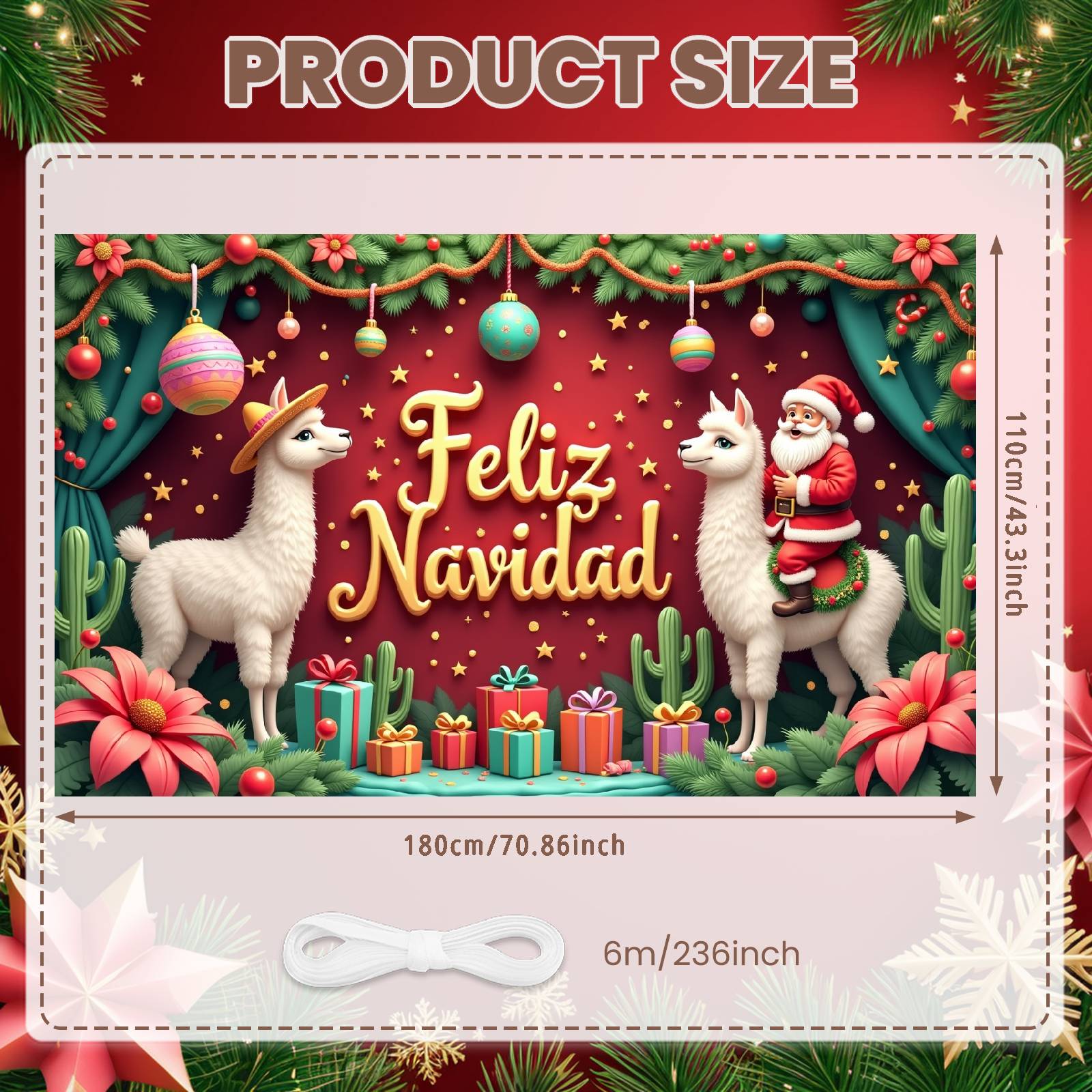 

Christmas Banner Colorful Ornaments Navidad Backdrop Santa Claus Background Green Curtains Holiday Display For Christmas Holiday