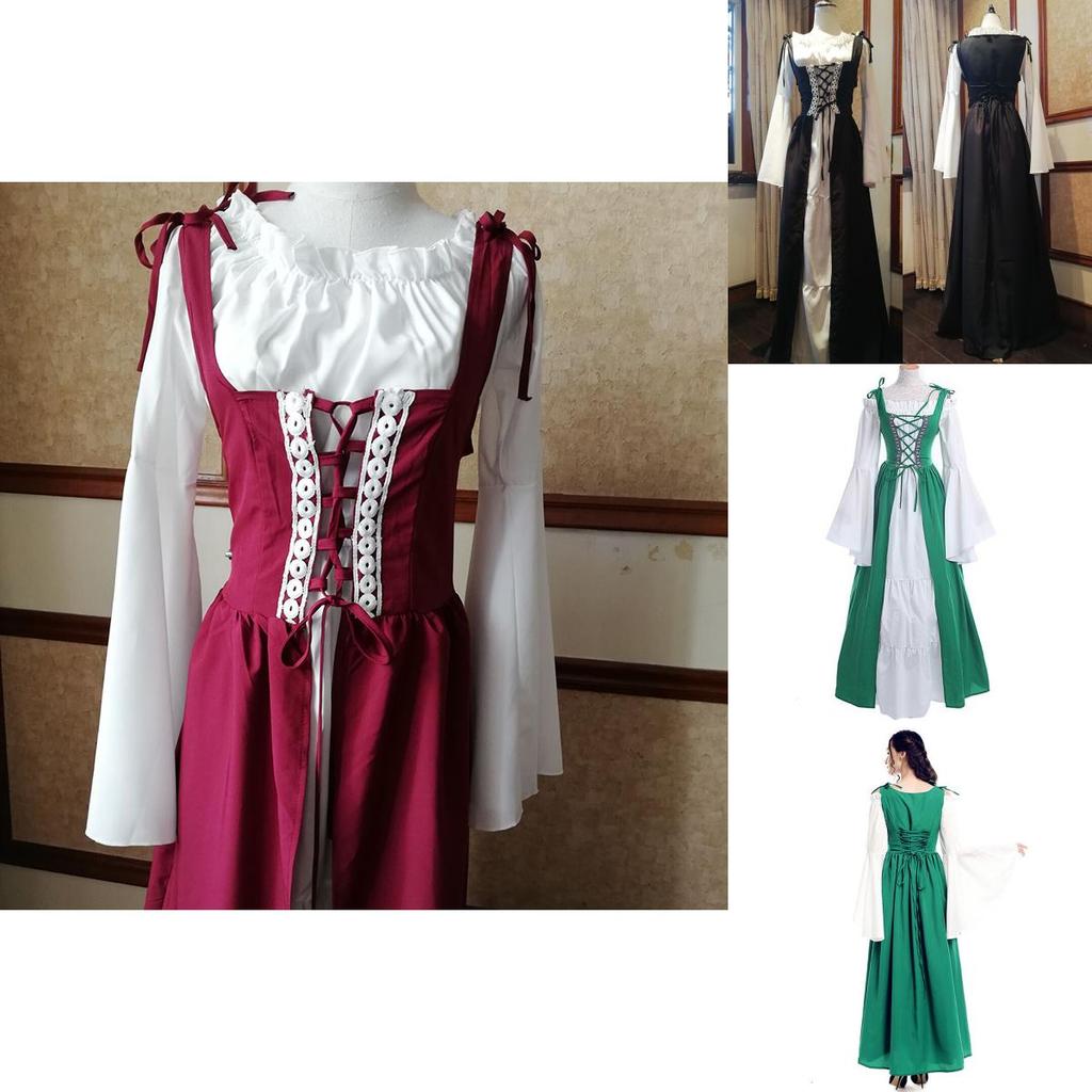 Elegant Women's Vintage Renaissance Medieval Long Dress With Flare Sleeves And Lace-up Detail