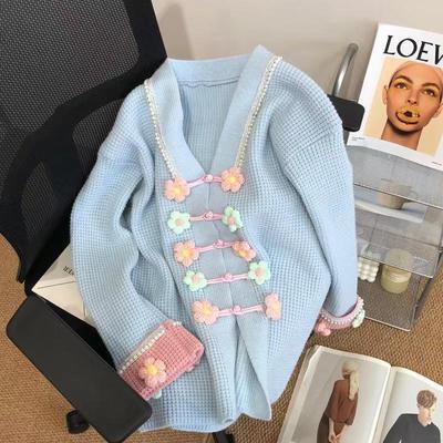Sweet Three-dimensional Flower Button Sweater for Women's Spring Wear Lazy Style Loose Knit Cardigan